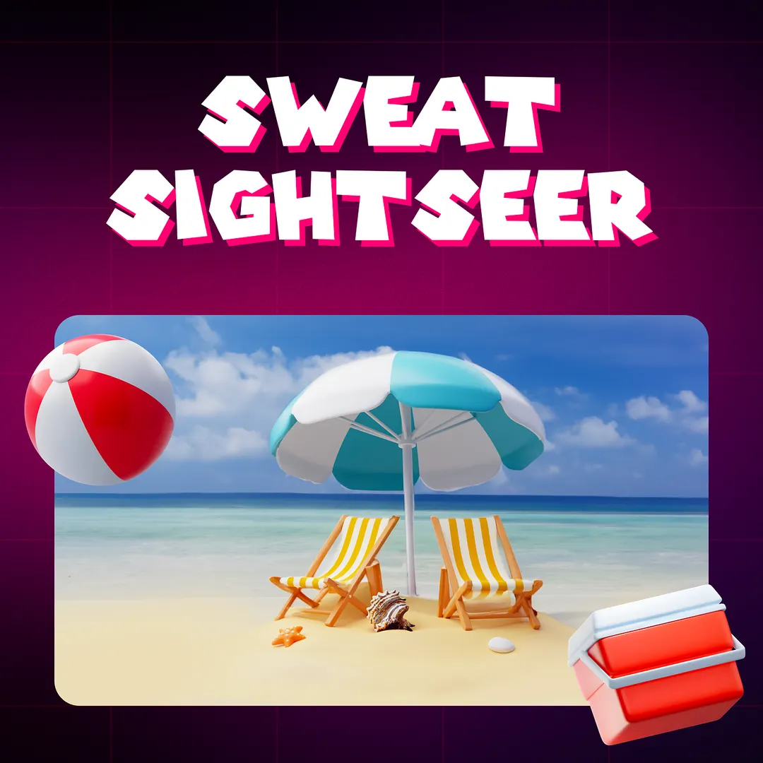 Sweat Sightseer campaign art: deckchairs and a parasol on a beach