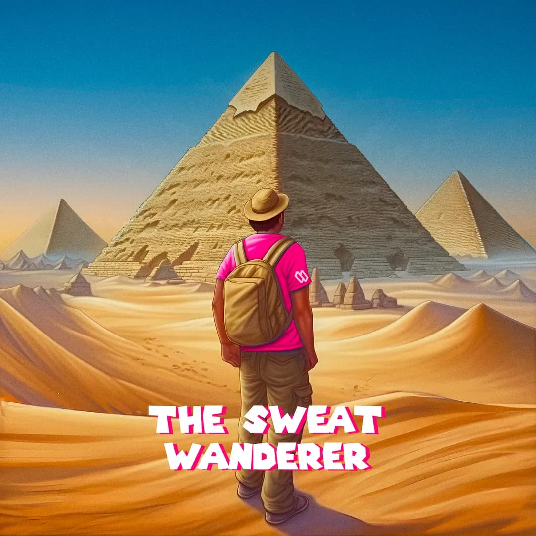 Sweat Wanderer campaign art: a traveller walking towards the pyramids